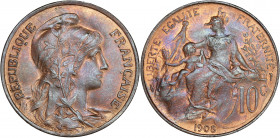 IIIème République (1870 - 1940) - Bronze - 10 Centimes Dupuis 
1908. 
A/ REPUBLIQUE FRANÇAISE,
Buste de la Liberté à droite.
R/ LIBERTE EGALITE FRATER...