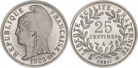 IIIème République (1870 - 1940) - Maillechort - Essai 25 centimes Dupré
1903.
A/ REPUBLIQUE FRANÇAISE,
Buste de la République à gauche. 
R/ LIBERTE EG...