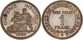 IIIème République (1870 - 1940) - Cuivre - Essai 1 Franc Chambres de Commerce
1920.
A/ COMMERCE INDUSTRIE ESSAI / 1920, 
Mercure assis à gauche. 
R/ C...