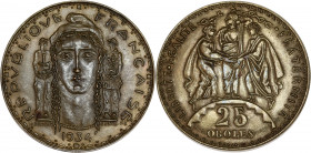 IIIème République (1870 - 1940) - Bronze - Epreuve de 25 oboles par Dropsy
1934.
A/ REPVBLIQVE FRANÇAISE - 1934,
buste de Marianne de face accosté de ...
