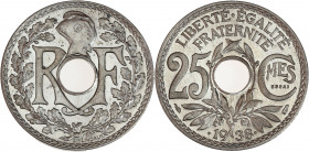 IIIème République (1870 - 1940) - Maillechort - Essai 25 centimes Lindauer
1938.
A/ R-F,
Trou central accosté de R-F et sous un bonnet phrygien , le t...