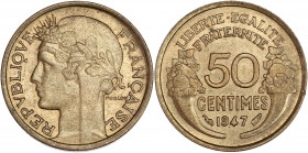 Gouvernement Provisoire (1944 - 1947) - Bronze aluminium - 50 Centimes Morlon
1947.
A/ REPUBLIQVE FRANÇAISE, 
Tête à gauche de la république.
R/ LIBER...