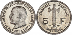 Etat FRANÇAIS (1940 - 1944) - Cupro-nickel - Essai 5 Francs Pétain 
1941.
A/ PHILIPPE PÉTAIN MARECHAL DE FRANCE CHEF DE L'ETAT,
Buste de Pétain à gauc...