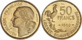 Quatrième République (1947 - 1959) - Bronze-aluminium - Essai 50 Francs Guiraud 1950.
A/ REPUBLIQUE FRANÇAISE,
Tête de Marianne à gauche. 
R/ LIBERTE ...