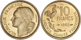 Quatrième République (1947 - 1959) - Bronze-aluminium - Essai 10 Francs Guiraud 
1950.
A/ REPUBLIQUE FRANÇAISE,
Tête de Marianne à gauche. 
R/ LIBERTE...