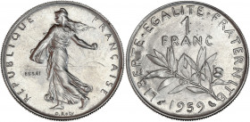 Cinquième République (1959 - ) - Nickel - Essai 1 Franc Semeuse 1959.
A/ REPUBLIQUE FRANÇAISE,
La République debout à gauche.
R/ LIBERTE EGALITE FRATE...