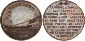 Deuxième République (1848-1852) - Le bateau à vapeur Le Vautour. 
A/ Inscription Vautours au-dessus d'un bateau à vapeur où est inscrit SAISI AU PROFI...