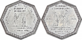 Deuxième République (1848-1852) - Médaille Louis Blanc Marrast Barbès.
A/ REPUBLIQUE 15 MAI 1848 FRANÇAISE, BARBES A / MARRAST, sur une ligne de sol, ...