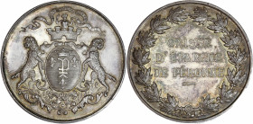 Médaille d'EpArgne de Péronne - Poinçon corne.
A/ Écu couronné aux Armes de Péronne, deux chiens grimpants de partet d'autre, au-dessus une banderole ...