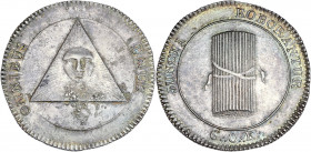 Grand Orient de France - Jeton de présence.
Argent.
A/ JUNCTI ROBORANTUR / G:.O:.F:. ; faisceau de verges.
R/ OMNIBUS UNUS; visage rayonnant dans un t...