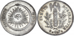 Grand Orient de France - Jeton de présence.
Argent.
A/ JUNCTI ROBOANTUR/ G:.O:.F:. ; faisceau de verge surmonté de l'aigle,
impériale et entouré de br...