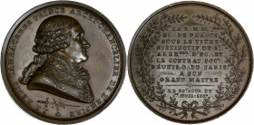 Mère Loge Écossaise de France - Cambaceres.
Cuivre.
A/ J.J REGIS CAMBACERES FRANCE ARCHI_CHANCELIER DE L'EMPIRE; son buste à droite,
revêtu d'un cordo...
