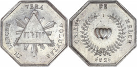 Orient de Melun - les Coeurs Unis.
Argent.
A/ ORIENT DE MELUN / 5825; trois coeurs unis dans une couronne d'acacia.
B/ IN LABORE VERA VOLUPTAS; triang...