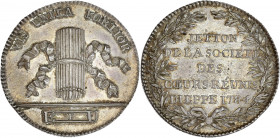 Orient de Dieppe - Les Coeurs Réunis.
Argent.
A/ En cinq lignes dans une couronne de laurier: JETON / DE LA SOCIETE / DES /COEUR RÉUNIS / DIEPPE 1784....