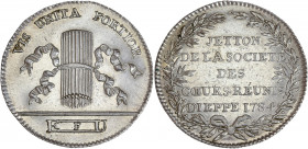 Orient de Dieppe - Les Coeurs Réunis.
Argent.
A/ En cinq lignes dans une couronne de laurier: JETON / DE LA SOCIETE / DES /COEUR REUNIS / DIEPPE 1784....