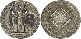 Orient de Lille - Loge les Amis Réunis.
Argent.
A/ Alphabet maçonnique; ☐LES AMIS REUNIS À L'ORIENT DE LILLE; trois jeunes hommes se donnant la main.
...