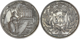 Orient de Rouen - Loge Les Arts Réunis.
Argent. 
A/ LOGE DES ARTS RÉUNIS O:. DE - ROUEN 1832-1841;
dans un heptagone, niveau, équerre, règle et compas...