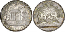 Orient de Saint Quentin - Loge Saint-Jean. 
Argent. 
A/ LOGE DE St JEAN A L°O° DE St QUENTIN CONSTITUÉE EN 1744; 
temple, acacia à gauche et obélisque...