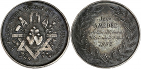 Orient de Toulouse - Loge Les Coeurs Reunis.
Argent. 
A/ R:.L:. LES COEURS REUNIS OR:. DE TOULOUSE; 
ensemble original de symboles regroupant niveau, ...