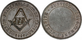 Orient de Troyes - Loge L'union fraternelle.
Cuivre - poinçon main. 
A/ L'UNION FRATERNELLE O:. DE TROYES / 5850; équerre et compas entourant trois to...
