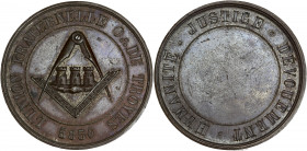 Orient de Troyes - Loge L'union fraternelle.
Cuivre - poinçon main. 
A/ L'UNION FRATERNELLE O:. DE TROYES / 5850; équerre et compas entourant trois to...