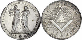 Orient de Valenciennes - Loge la Parfaite Union.
Argent. 
A/ LOGE DE LA PARFAITE UNION A L'ORIENT DE VALENCIENNES; deux figures féminines 
; signé D.V...