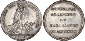 Jeton - Corporation Grainiers Marchands et Porteurs de grain - Argent.
A/BENIGNE. SIC . AGIT. VIRTUS . 1768, Saint Nicolas debout, devant lui, trois e...