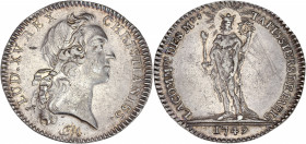 Jeton - Corporation des Tapissiers - Argent. 
A/ LUD. XV. REX. CHRISTIANISS, buste de Louis XV, signé FM.
R/ LA. COMPTE. DES. Mds. TAPISSIERS. DE. PAR...