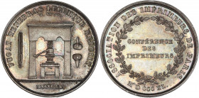 Associations des imprimeurs (1840) - Argent.
Poinçon main. 
A/ FUGAT TENEBRAS LUCEMQUE REDUCIT,
presse de libraire et accessoires, exergue; MCCCCXL si...