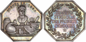 Chambre Syndicale des Produits Chimiques (1860) - Argent. 
A/ FONDÉE EN 1860, 
buste et ateliers, outils chimiques et outils Artistiques.
R/ CHAMBRE C...