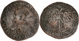 Bourgogne - Charles V (1506- 1555) - Jeton de compte - Saulnerie de Salins - Bronze.
A/ GECTS/ POVR :LA : POVRTER:., 
fusil surmontant deux bâtons nou...