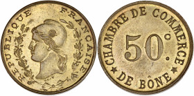 Algérie - colonies françaises - Laiton - Essai 50 centimes, Bône.
A/ République Française.
R/ Chambre de commerce de Bône.
18mm -2.4g - SPL