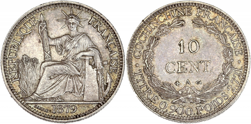 Cochinchine - Argent - 10 centimes 1879 A,Paris.
A/ République assise à gauche.
...