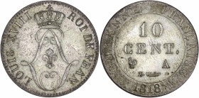Guyane - Louis XVIII (1814-1824) - Billon - 10 centimes 1818,Paris.
A/ Deux L affrontés et couronnés, lis au centre.
R/ Valeur au centre.
21mm - 2.4g ...