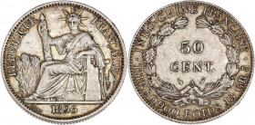 Indochine - Argent - 50 centimes 1896 A,Paris.
A/ République assise à gauche.
R/ Valeur dans une couronne.
29mm - 13.5g - TTB - Hairlines dans les cha...