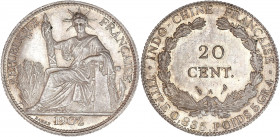 Indochine - Argent - 20 centimes 1902 A,Paris.
A/ République assise à gauche.
R/ Valeur dans une couronne.
26mm - 5.9g - SUP.
