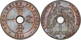 Indochine - Bronze - 1 centime 1914 A,Paris.
A/ République assise à gauche.
R/ Valeur dans une couronne.
26mm - 4.8g - SPL.