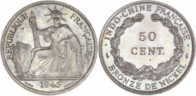 Indochine - Bronze-nickel - Essai - 50 centimes 1946 A,Paris.
A/ République assise à gauche.
R/ Valeur dans une couronne.
29mm - 12.3g - FDC.