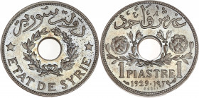 Syrie - Cupro-nickel - Essai - 1 Piastre 1929.
A/ Légende arabe et FRANÇAIS,
autour d'une couronne et d'un trou central. 
R/ 2 têtes de lions dans une...
