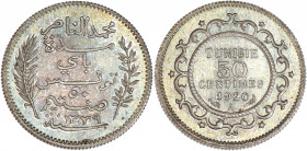 Tunisie - Argent - 50 centimes 1920.
A/ légende en arabe entre deux branches. 
R/ Légende dans une couronne.
17mm - 2.5g - FDC - Très rare avec 1003 E...