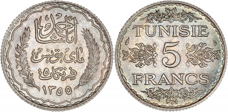 Tunisie - Argent - 5 Francs 1936. 
A/ légende en Arabe entre deux branches. 
R/ ...