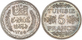 Tunisie - Argent - 5 Francs 1936. 
A/ légende en Arabe entre deux branches. 
R/ Légende dans une couronne;
23mm - 5g - FDC - Très rare avec 1003 Exemp...