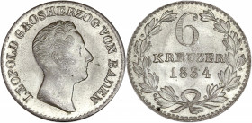 Allemagne - Baden - Léopold - Bronze - 6 Kreuzer.
A/ LEOPOLD GROSHERZOG VON BADEN,
Léopold tête à droite. 
R/ 6 / KREUZER / 1834,
Légende entre deux r...