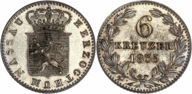 Allemagne - Nassau - Argent - 6 Kreuzer. 
A/ NASSAU HERZOGTHUM.
Écu couronné d'Armes, dans la couronne: 1835.
R/ 6 Kreuzer 1846,
Légende dans une cour...