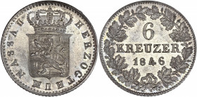 Allemagne - Nassau - Argent - 6 Kreuzer. 
A/ NASSAU HERZOGTHUM,
Écu couronné d'Armes, dans la couronne: 1846.
R/ 6 Kreuzer 1846,
Légende dans une cour...