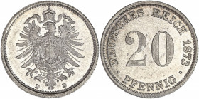 Allemagne - Wilhelm I - Argent - 20 Pfennig 1873 D.
A/ Aigle impériale aux ailes déployées dans une couronne impériale avec bannières portant en coeur...