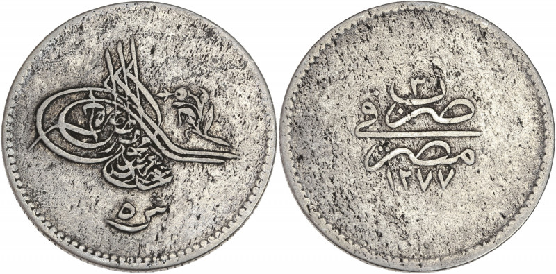 Egypte - Argent - 5 Qirsh 1277.
A/ Légende en arabe. 
R/ Légende en arabe. 
25.5...