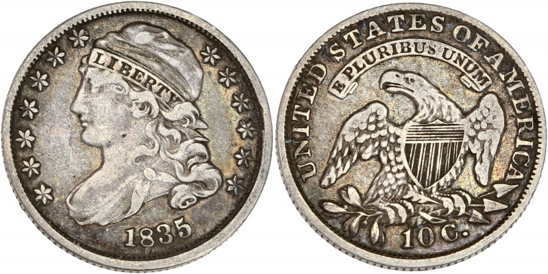 États-Unis - 10 cents 1835 Capped Bust, Philadelphia.
A/ Buste de la liberté à g...
