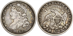 États-Unis - 10 cents 1835 Capped Bust, Philadelphia.
A/ Buste de la liberté à gauche.
R/UNITED STATES OF AMERICA,
 Aigle aux ailes déployées.
17mm - ...