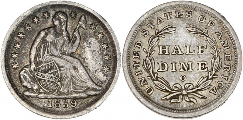 États-Unis - Half Dime 1839 O No Drapery, New Orleans.
A/ Liberté assise à droit...